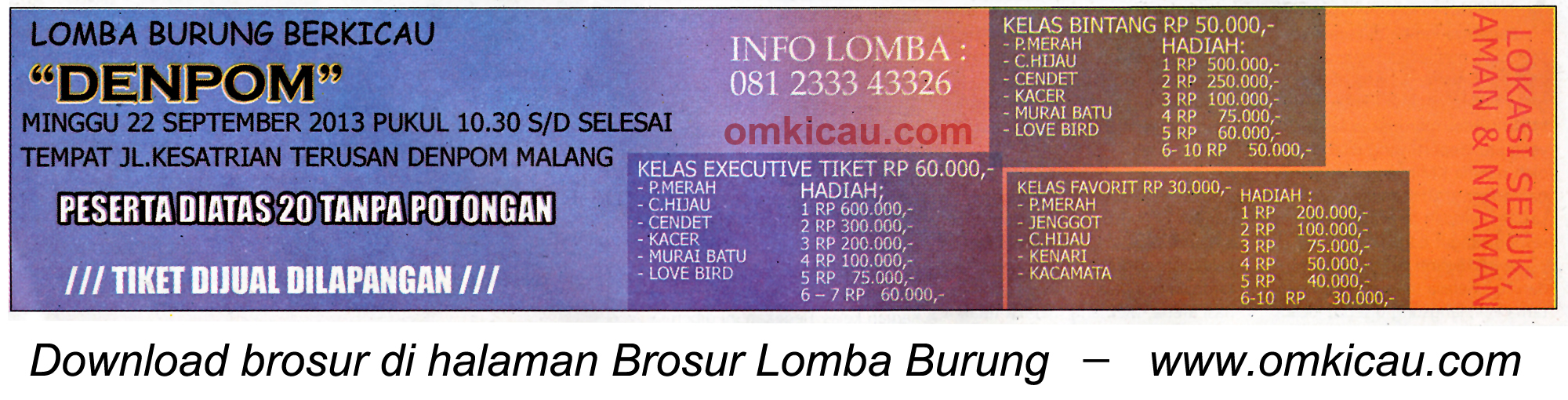 Brosur Lomba Burung Denpom, Malang, 22 September 2013