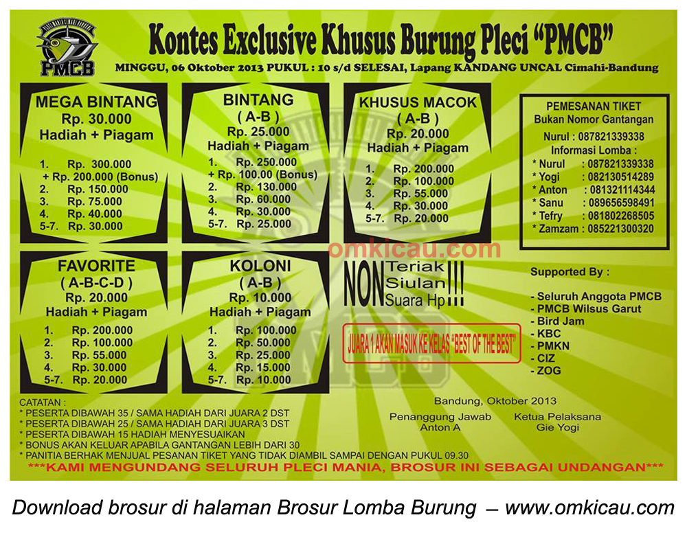 Brosur Kontes Exclusive Burung Pleci PMCB, Bandung, 6 Oktober 2013