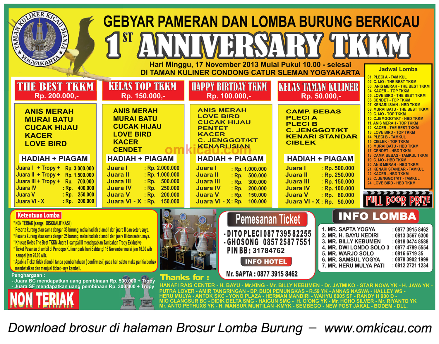 Brosur Lomba Burung Berkicau 1st Anniversary TKKM, Jogja, 17 November 2013