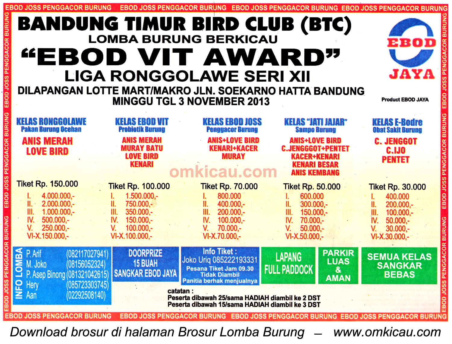 Brosur Lomba Burung Berkicau Ebod Vit Award (LRJ 12), Bandung, 3 November 2013