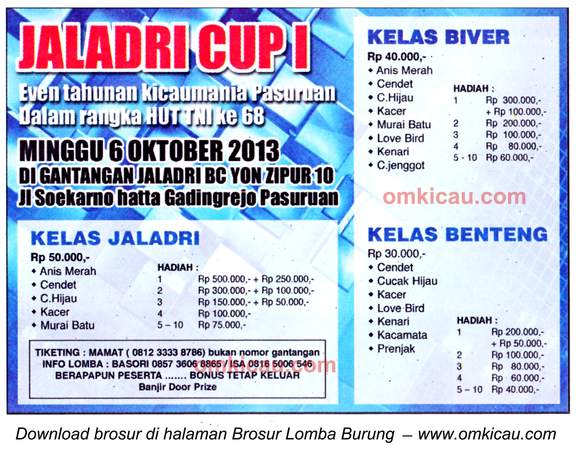 Brosur Lomba Burung Berkicau Jaladri Cup, Pasuruan, 6 Oktober 2013
