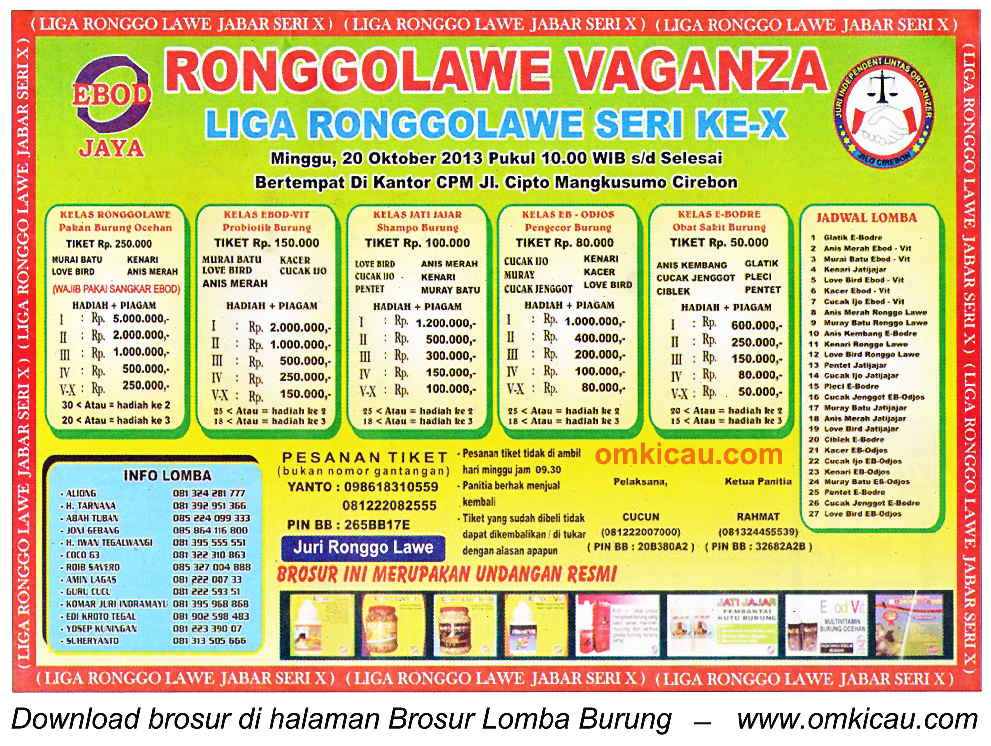Brosur Lomba Burung Ronggolawe Vaganza (LRJ 10), Cirebon, 20 Oktober 2013