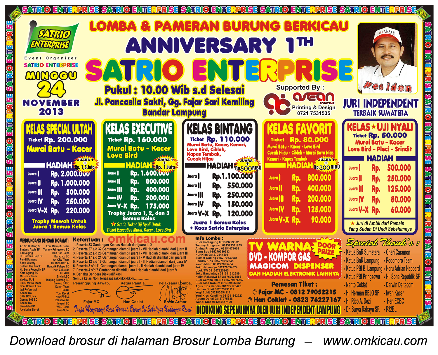 Brosur Lomba Burung Berkicau 1st Anniversary Satrio Enterprise, Bandar Lampung, 24 November 2013