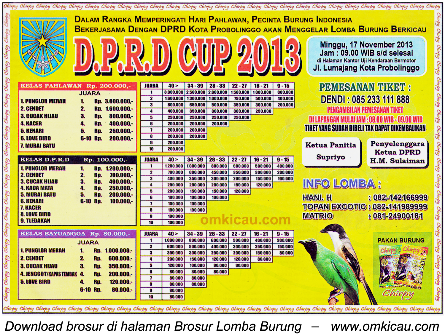 Brosur Lomba Burung Berkicau DPRD Cup, Kota Probolinggo, 17 November 2013