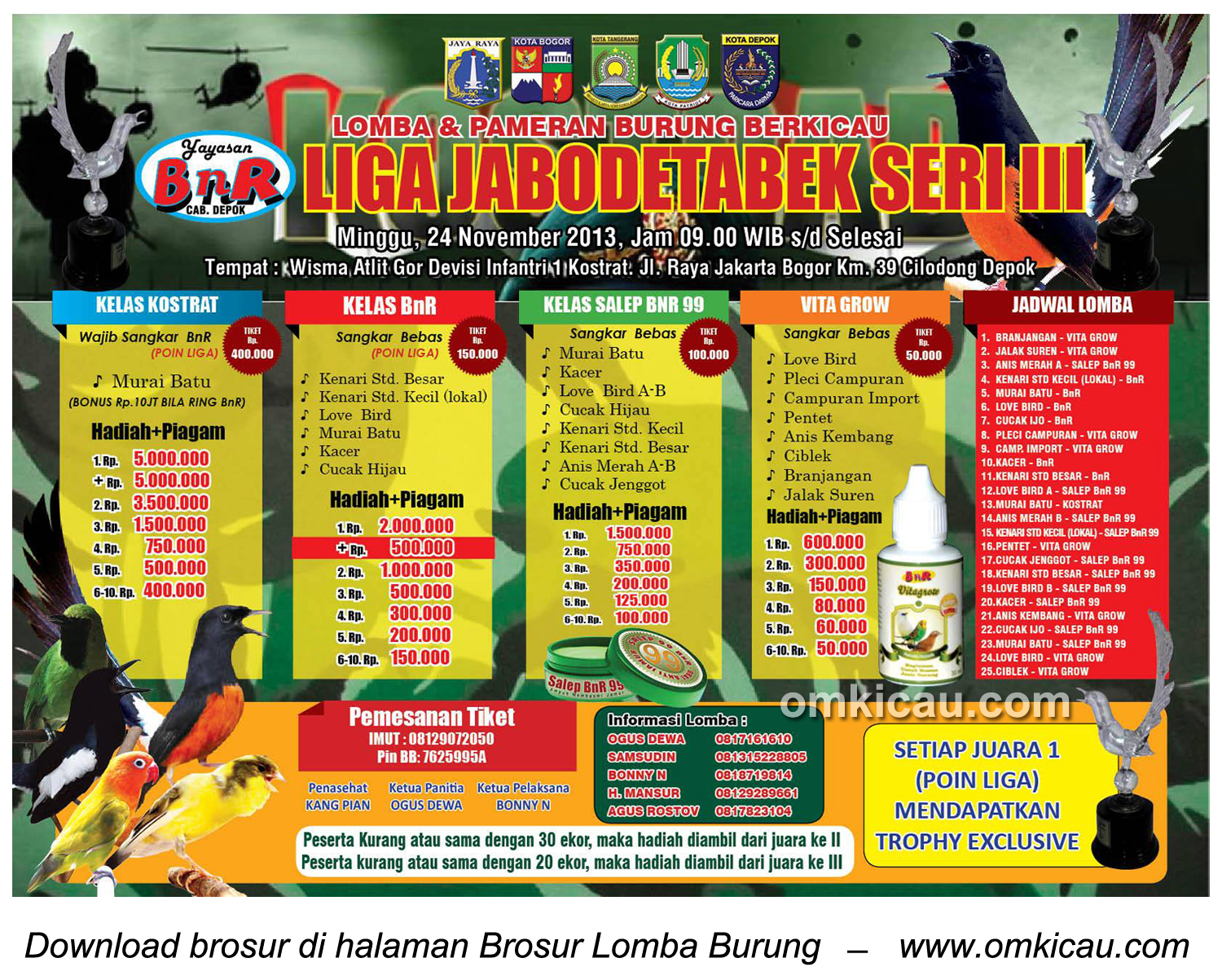 Brosur Lomba Burung Liga BnR Jabodetabek Seri 3, Depok, 24 November 2013