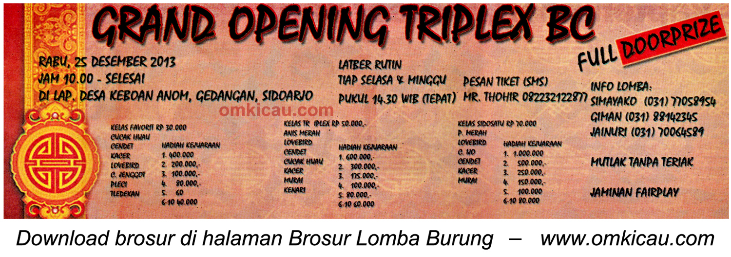 Brosur Lomba Burung Grand Opening Triplex BC, Sidoarjo, 25 Desember 2013