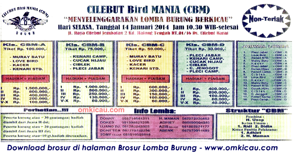 Brosur Lomba Burung Berkicau CBM, Bogor, 14 Januari 2014