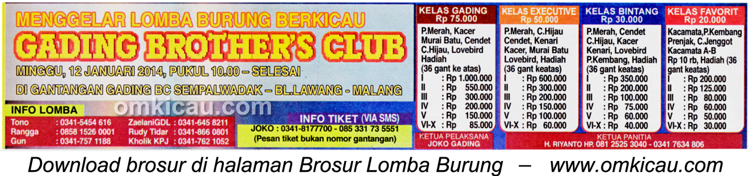 Brosur Lomba Burung Berkicau Gading Brothers Club, Malang, 12 Januari 2014