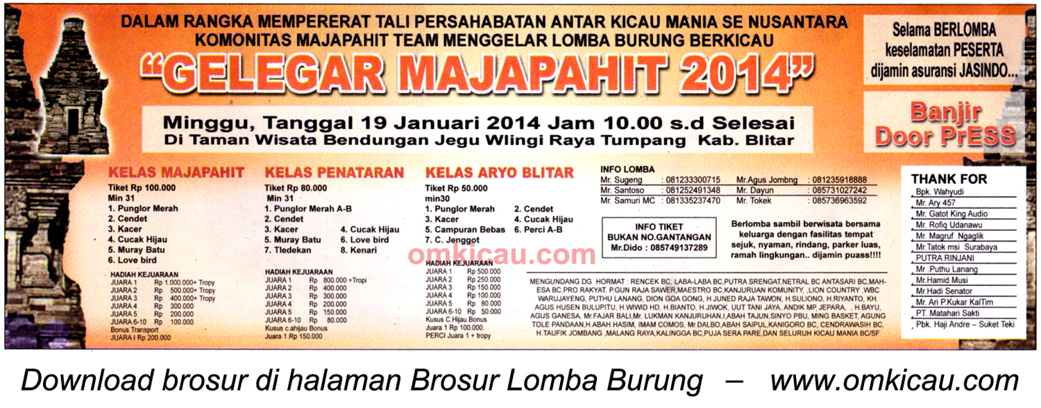 Brosur Lomba Burung Berkicau Gelegar Majapahit, Blitar, 19 Januari 2014