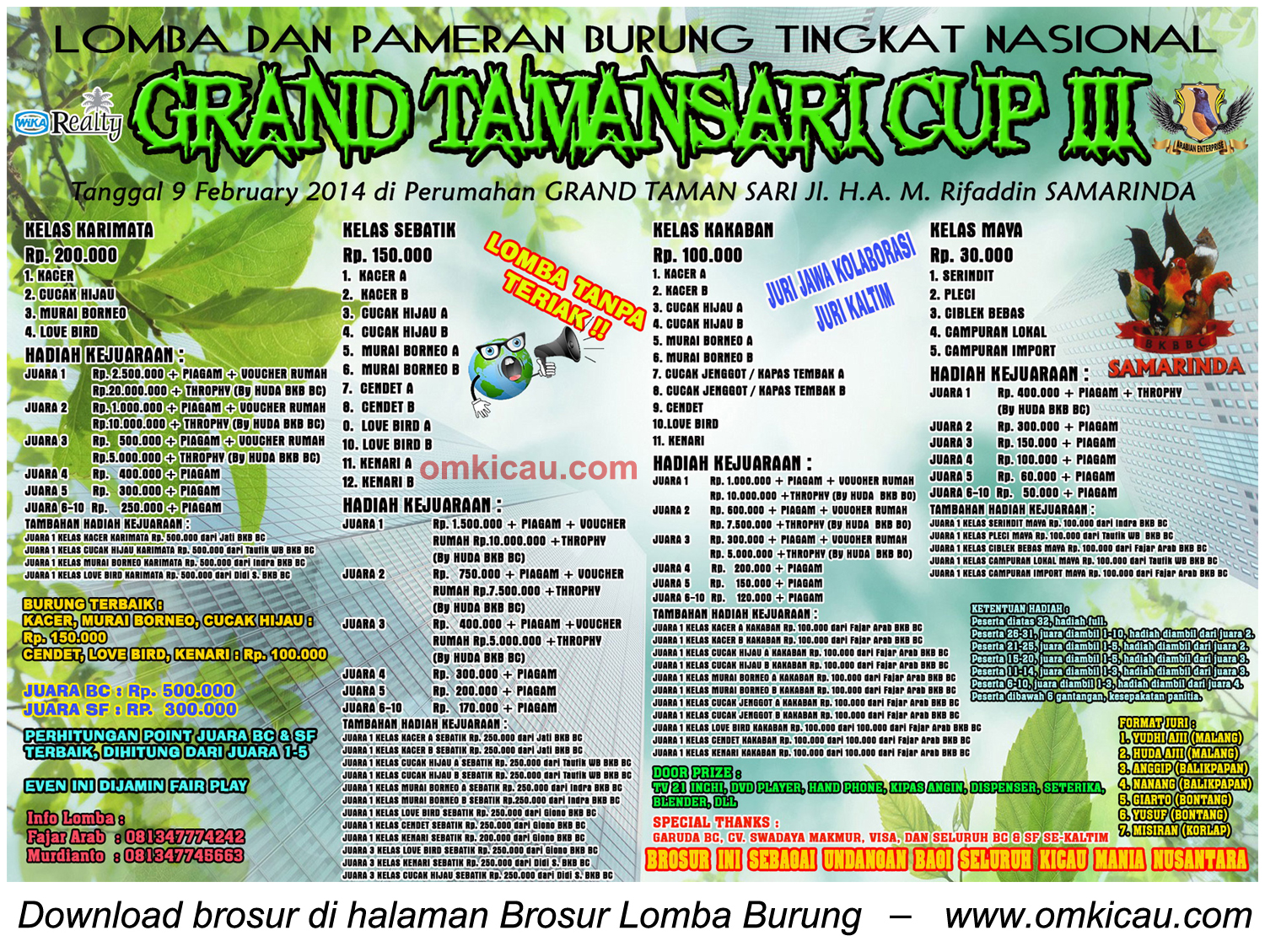 Brosur Lomba Burung Berkicau Grand Tamansari Cup III, Samarinda, 9 Februari 2014