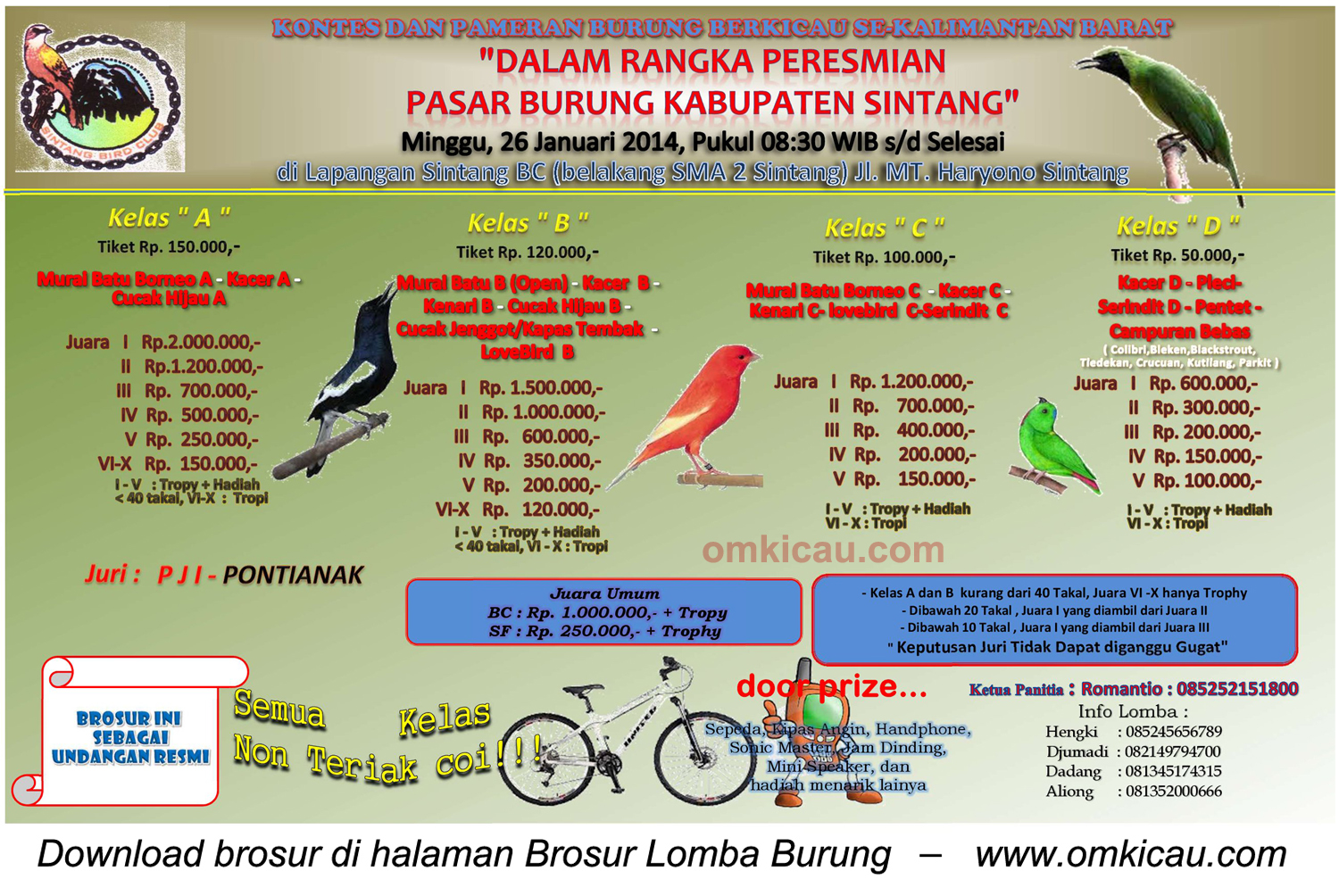Brosur Lomba Burung Berkicau Peresmian PB Kabupaten Sintang, Kalbar, 26 Januari 2014