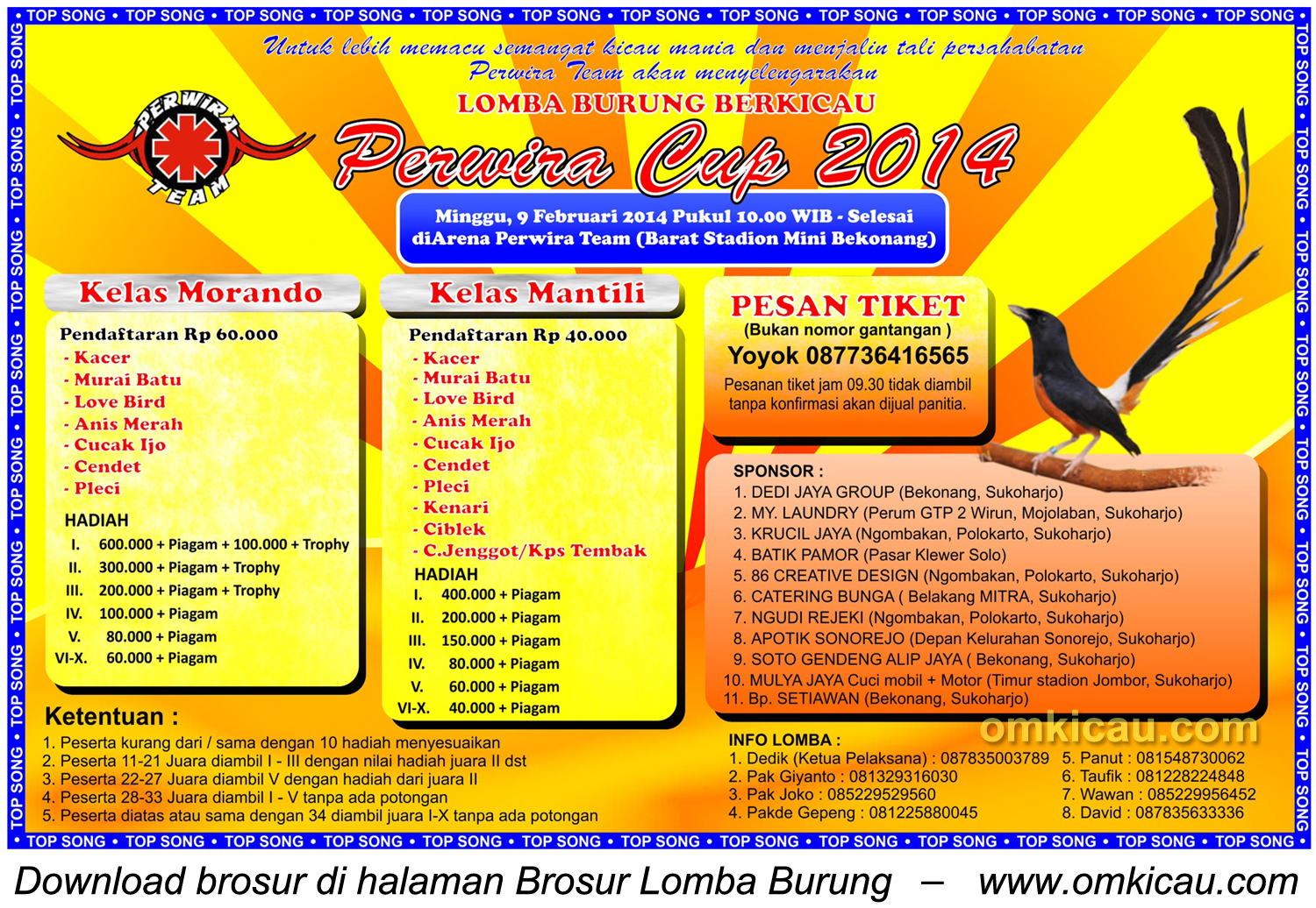 Brosur Lomba Burung Berkicau Perwira Cup Bekonang, Sukoharjo, 9 Februari 2014