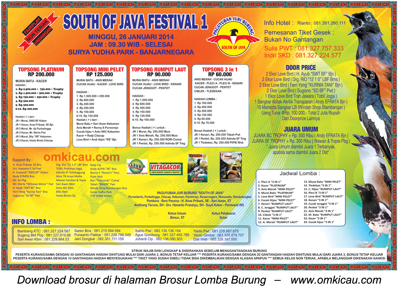 Brosur Lomba Burung Berkicau South of Java Festival 1, Banjarnegara, 26 Januari 2014