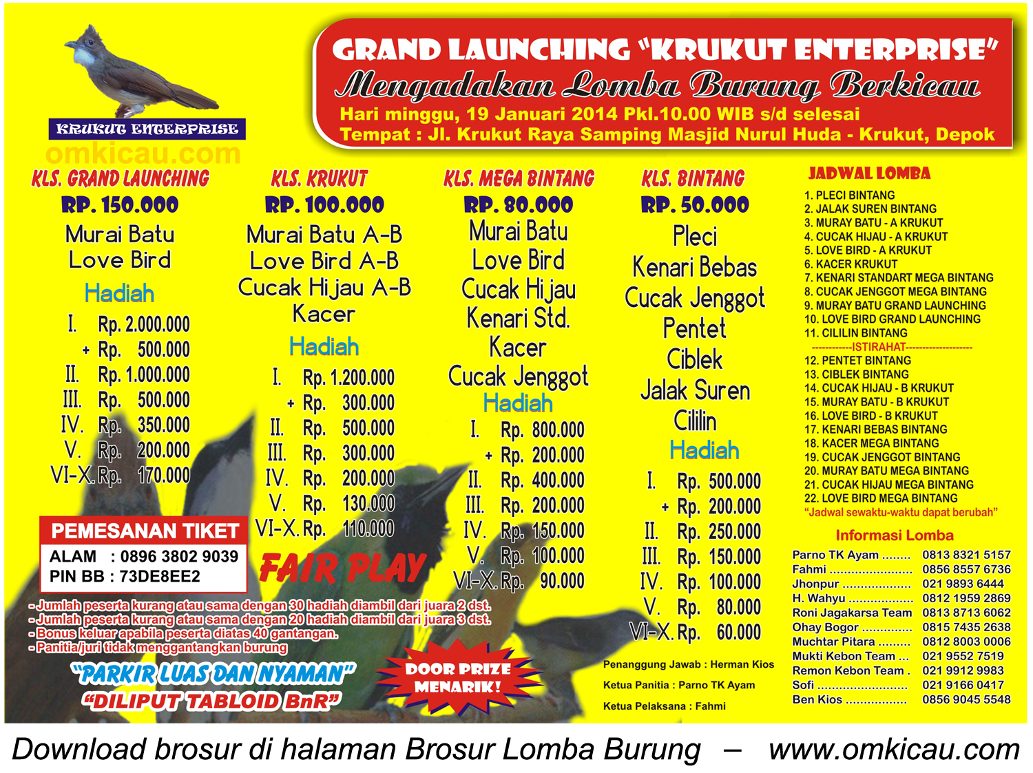 Brosur Lomba Burung Grand Launching Krukut Enterprise, Depok, 19 Januari 2014
