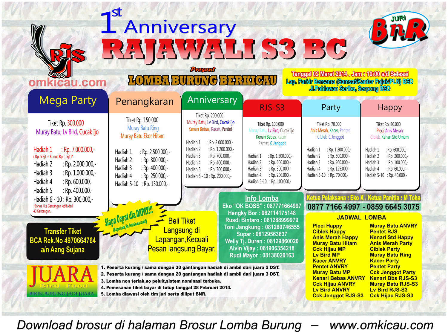Brosur Lomba Burung 1st Anniversary Rajawali S3 BC, BSD Tangsel, 2 Maret 2014