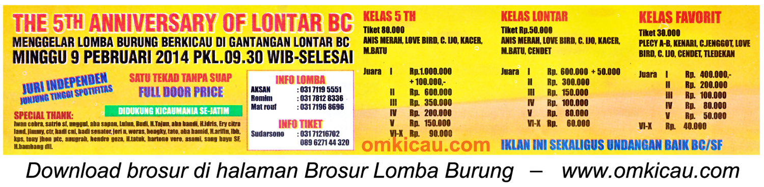 Brosur Lomba Burung Berkicau 5th Anniversary Lontar BC, Surabaya, 9 Februari 2014