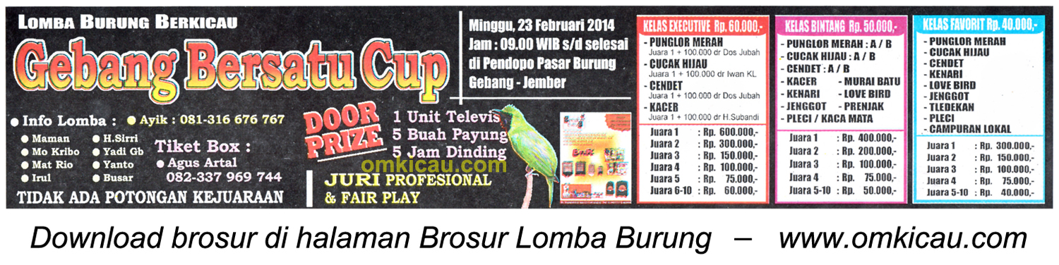 Brosur Lomba Burung Berkicau Gebang Bersatu Cup, Jember, 23 Februari 2014.