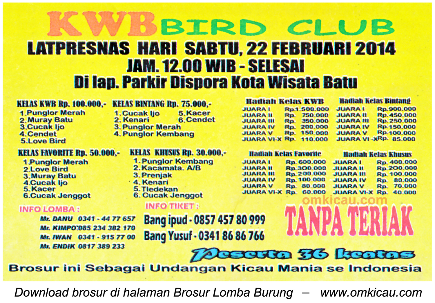 Brosur Lomba Burung Berkicau KWB Bird Club, Batu, 22 Februari 2014