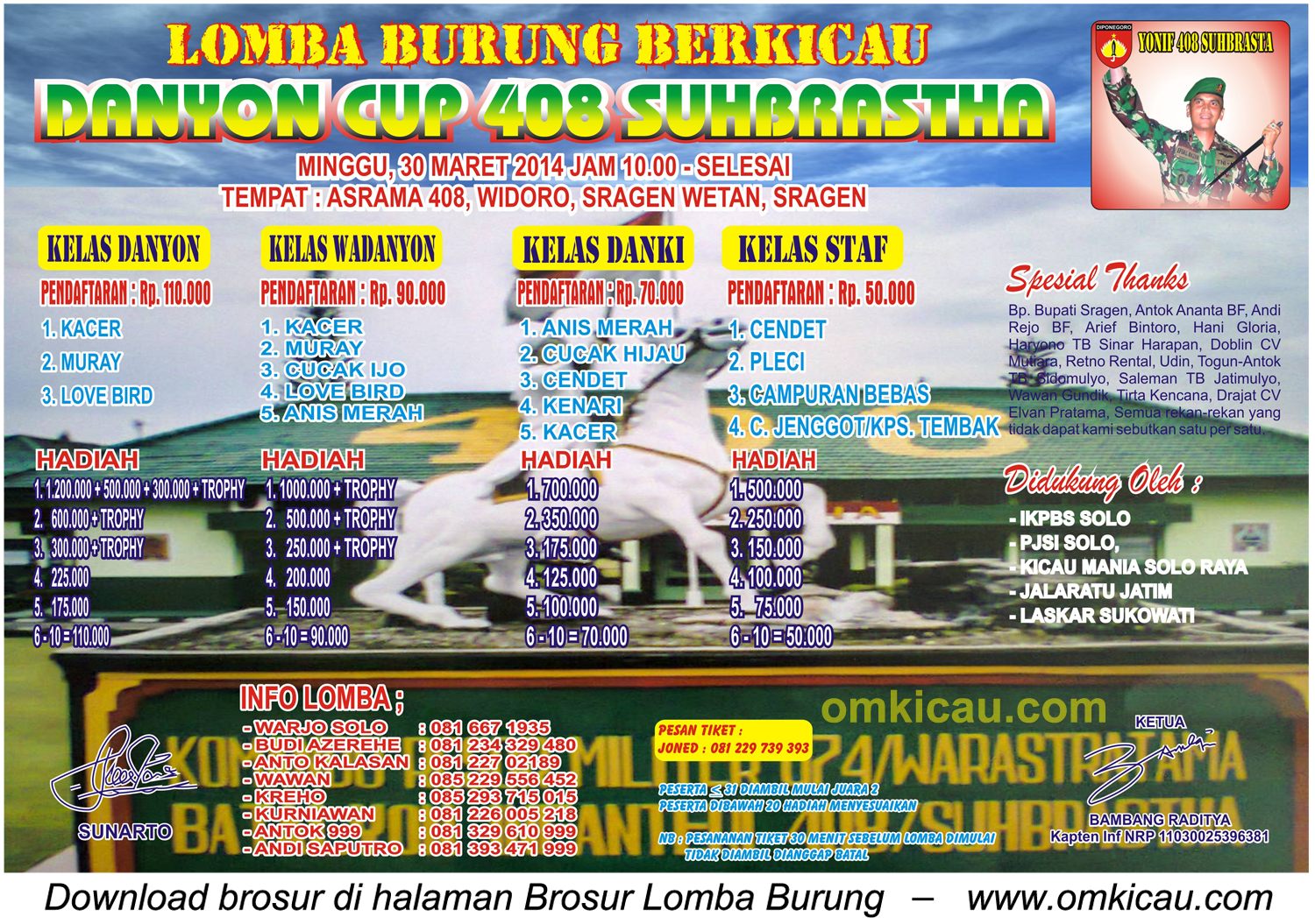 Brosur Lomba Burung Berkicau Danyon Cup 408 Suhbrastha, Sragen, 30 Maret 2014