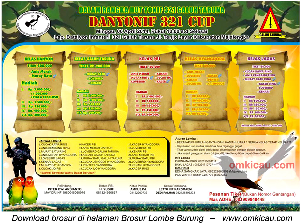 Brosur Lomba Burung Berkicau Danyonif 321 Cup, Majalengka, 6 April 2014