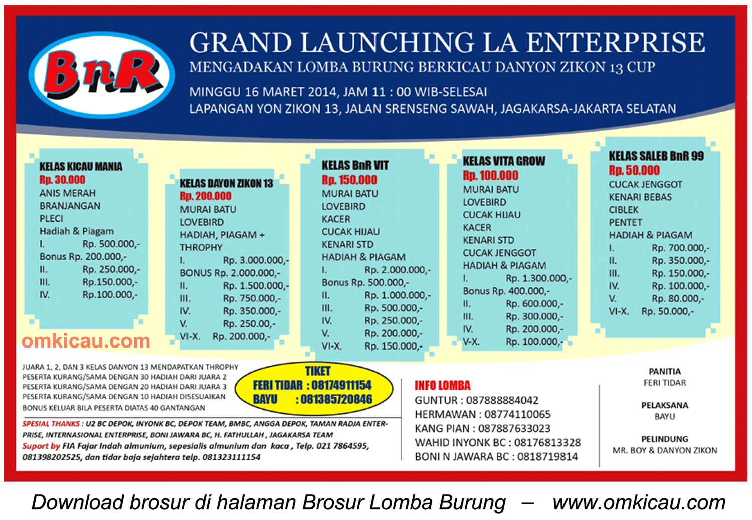 Brosur Lomba Burung Berkicau Grand Launching LA Enterprise, Jakarta Selatan, 16 Maret 2014