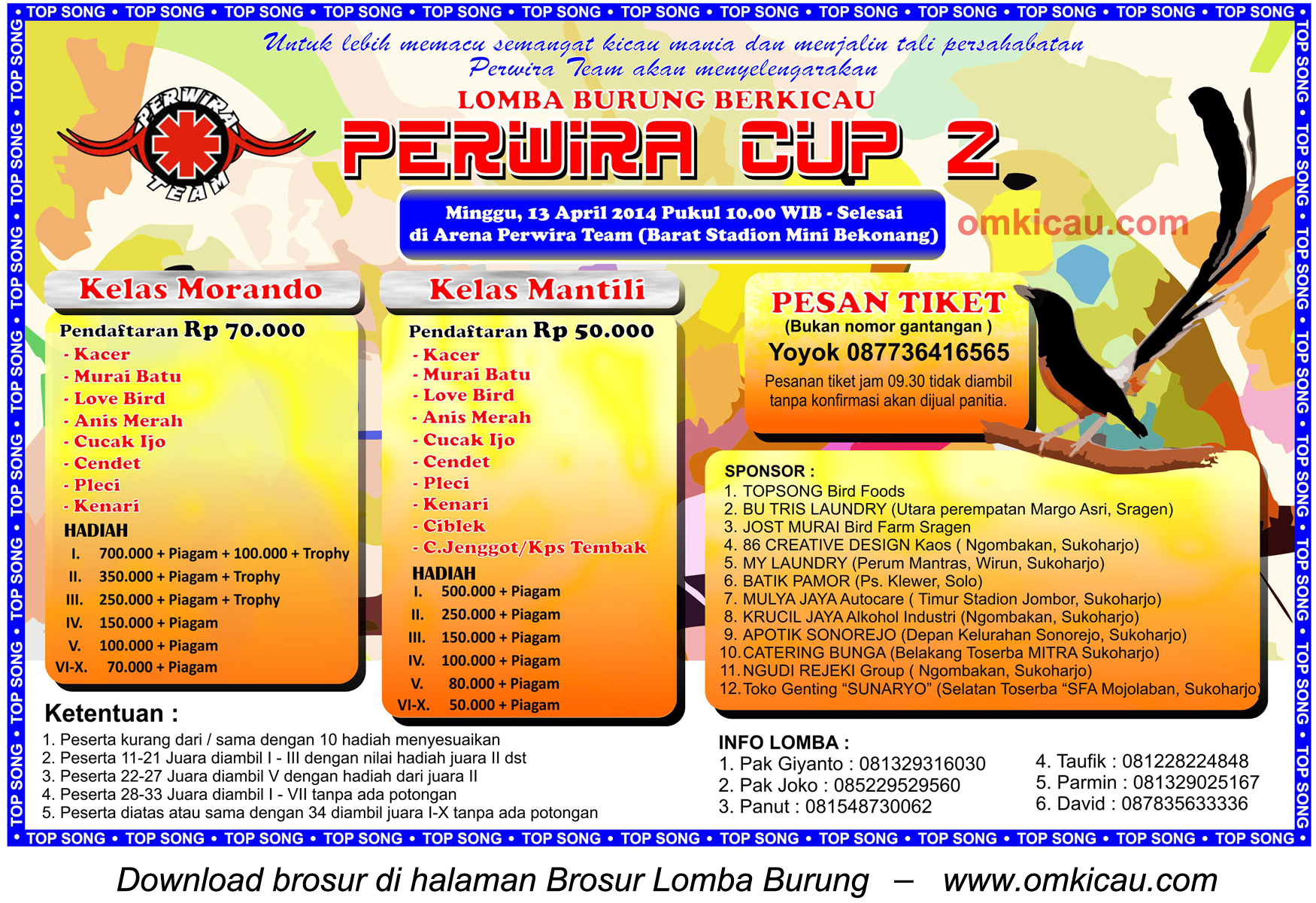 Brosur Lomba Burung Berkicau Perwira Cup 2, Sragen, 13 April 2014
