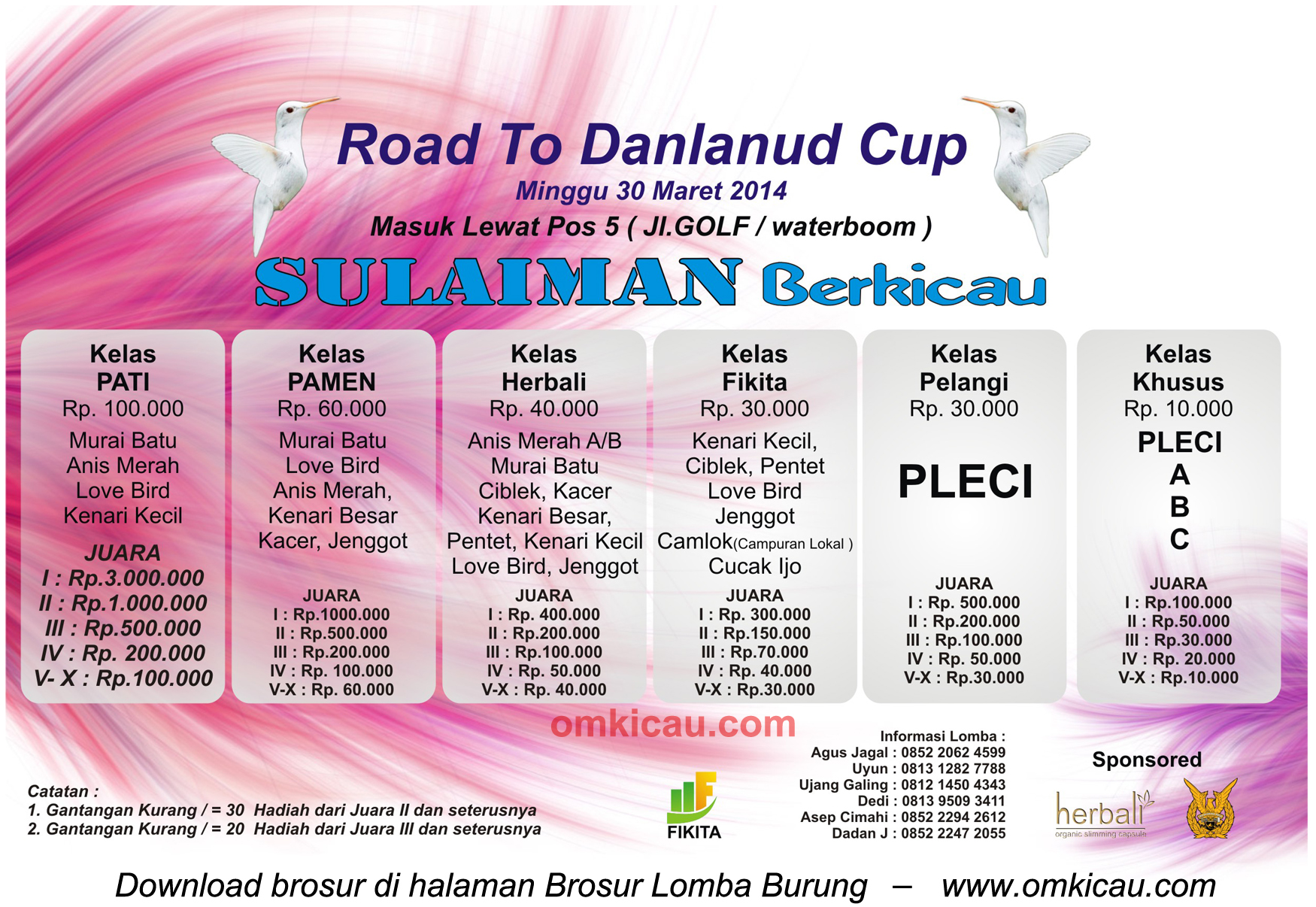 Brosur Lomba Burung Berkicau Road to Danlanud Cup - Sulaiman Berkicau, Bandung, 30 Maret 2014