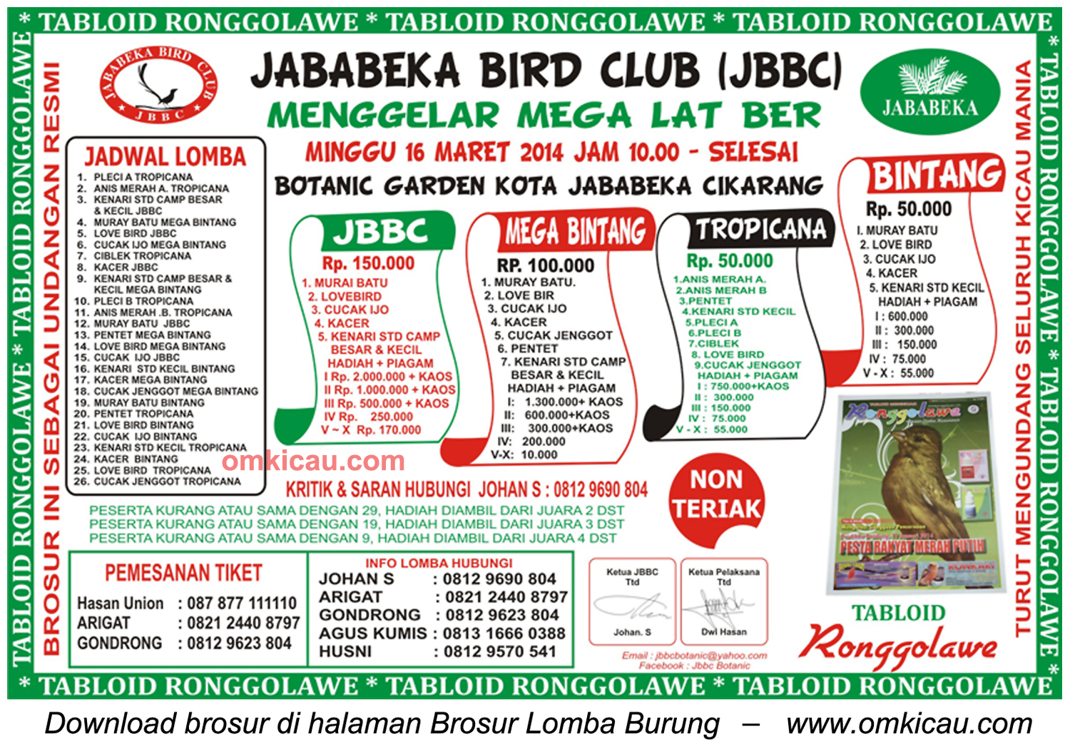Brosur Mega Latber Jababeka Bird Club, Bekasi, 16 Maret 2014