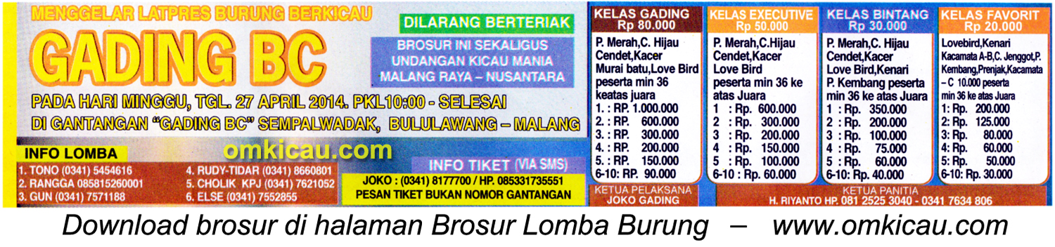 Brosur Latpres Burung Berkicau Gading BC, Malang, 27 April 2014