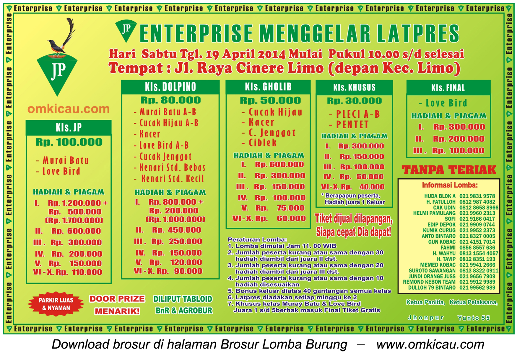 Brosur Latpres Burung Berkicau JP Enterprise, Depok, 19 April 2014