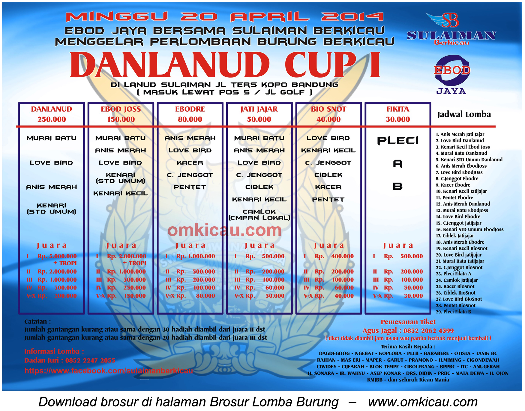 Brosur Lomba Burung Berkicau Danlanud Cup I, Bandung, 20 April 2014
