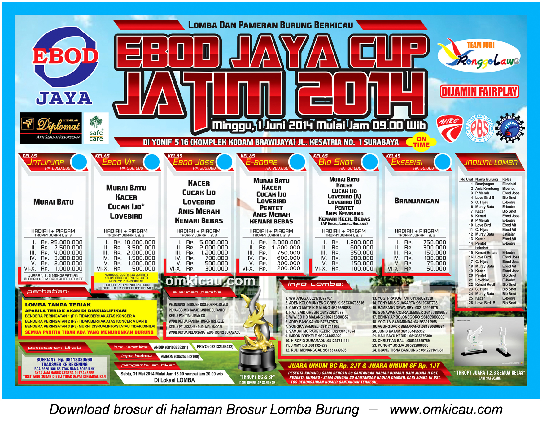 Brosur Lomba Burung Berkicau Ebod Jaya Cup Jatim 2014, Surabaya, 1 Juni 2014
