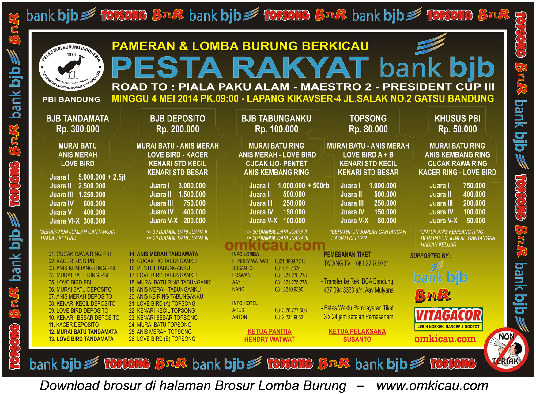 Brosur Lomba Burung Berkicau Pesta Rakyat Bank BJB, Bandung, 4 Mei 2014