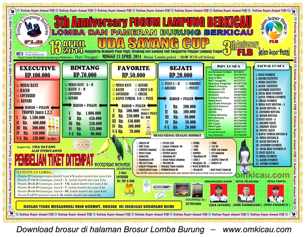 Brosur Lomba Burung Berkicau Uda Sayang Cup, Lampung Tengah, 13 April 2014