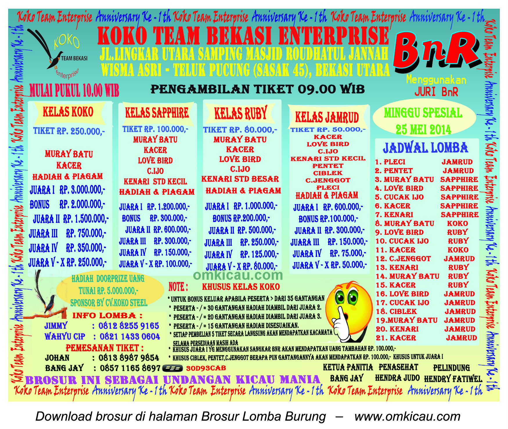 Brosur Lomba Burung Berkicau 1st Anniversary Koko Team Enterprise - Bekasi, 25 Mei 2014