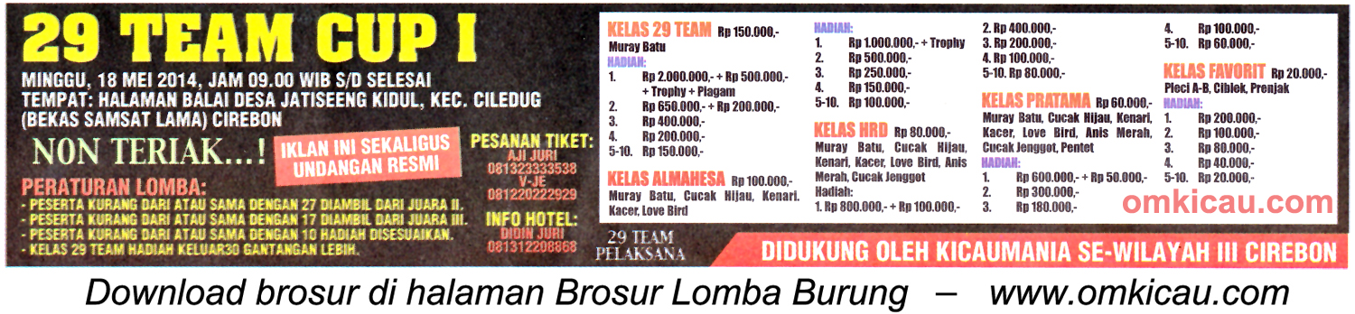 Brosur Lomba Burung Berkicau 29 Team Cup I, Cirebon, 18 Mei 2014