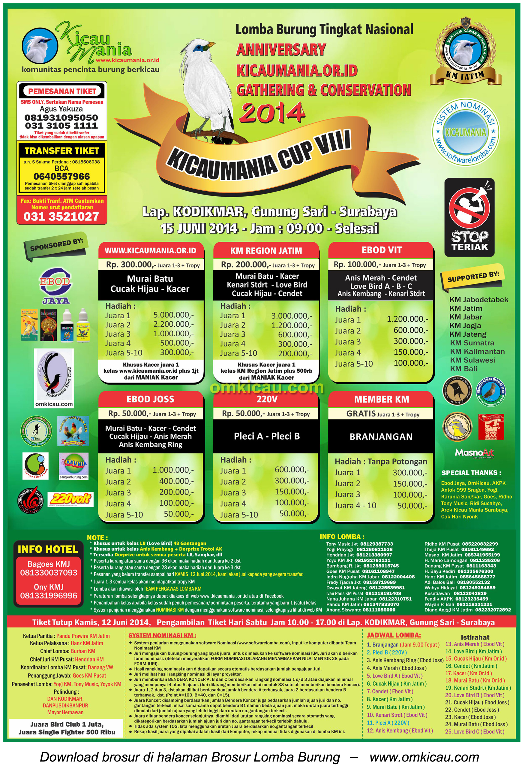 Brosur Lomba Burung Berkicau Kicaumania Cup VIII, Surabaya -15 Juni 2014.