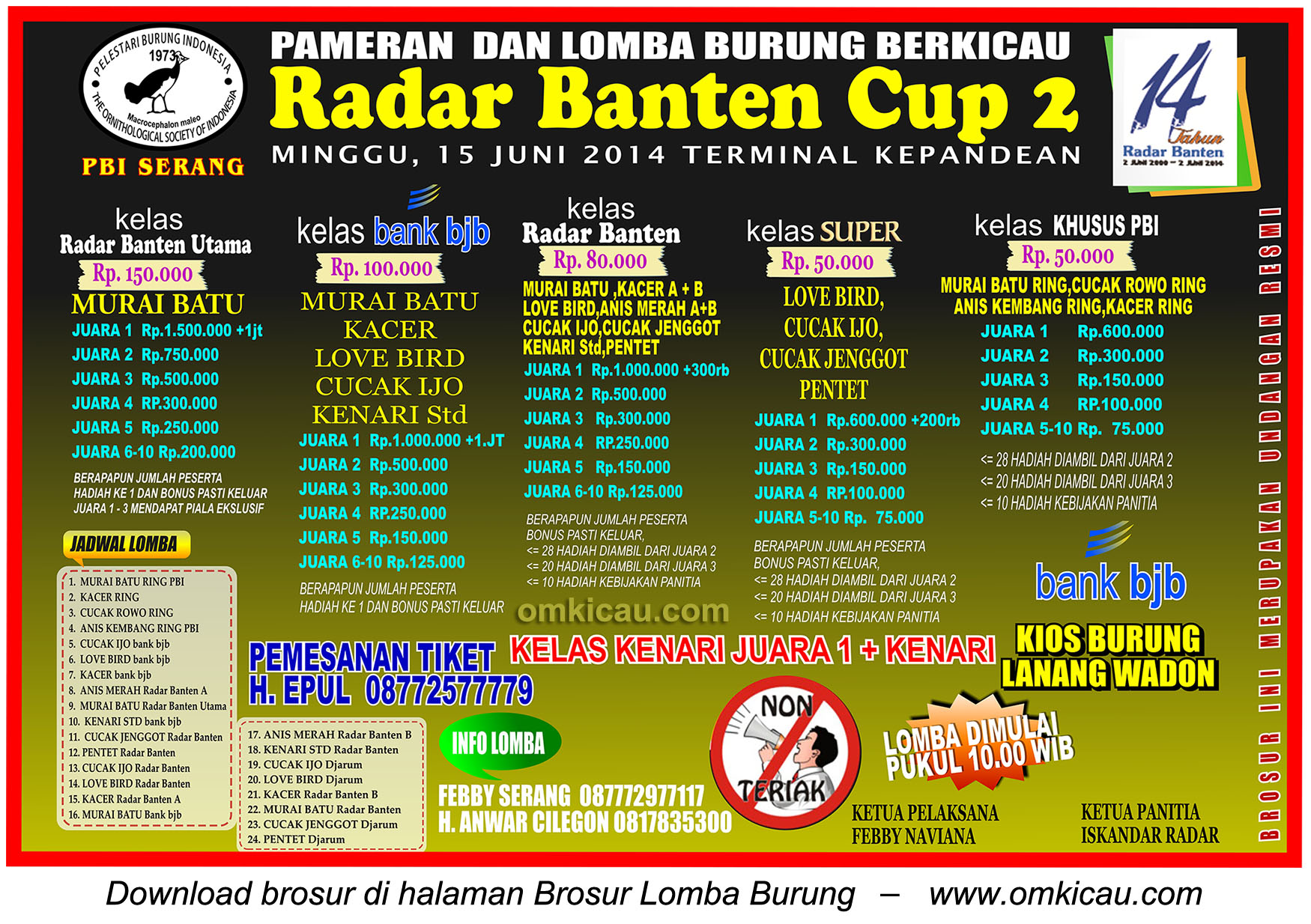 Brosur Lomba Burung Berkicau Radar Banten Cup, Serang, 15 Juni 2014