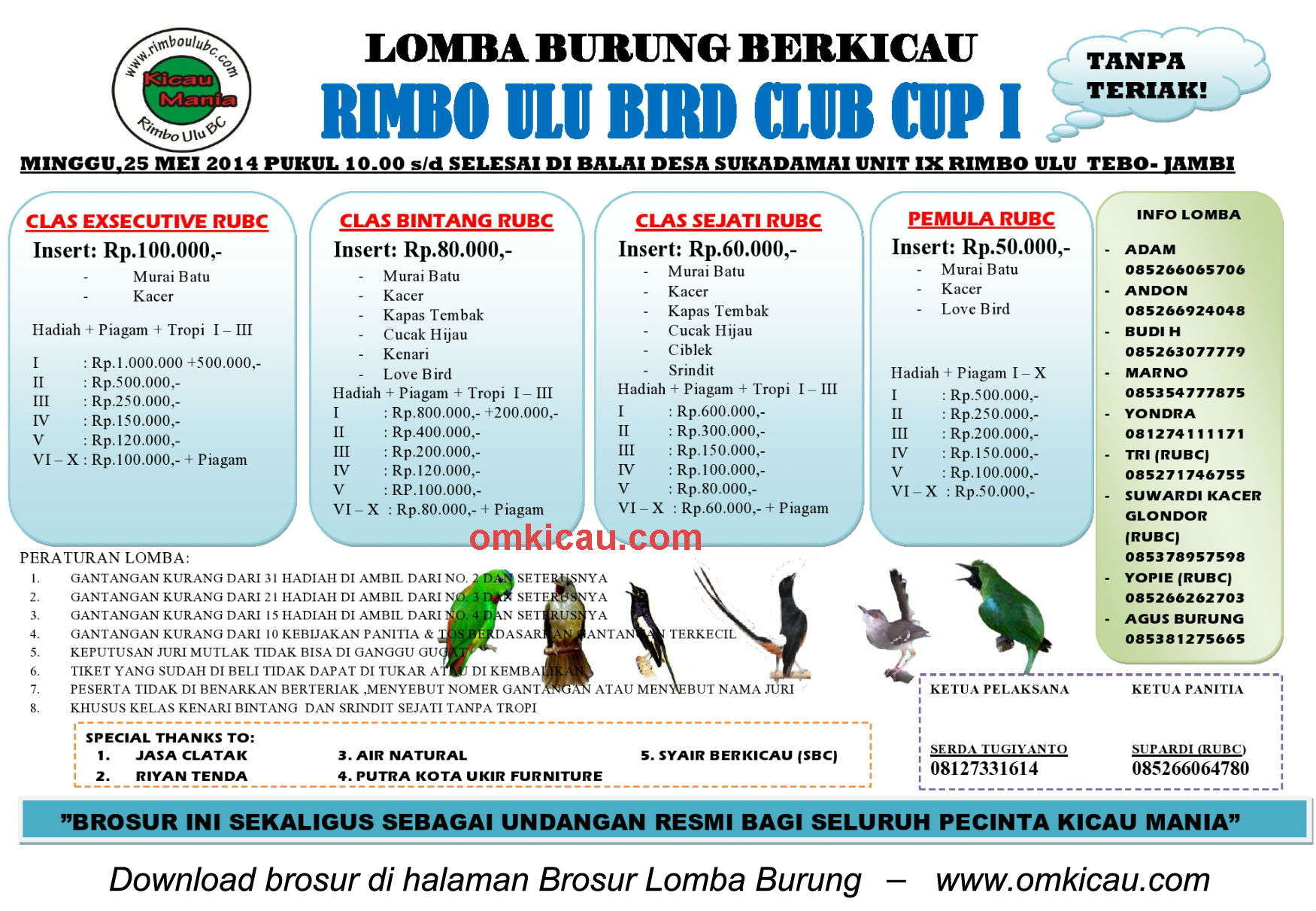 Brosur Lomba Burung Berkicau Rimbo Ulu BC Cup I - Jambi, 25 Mei 2014