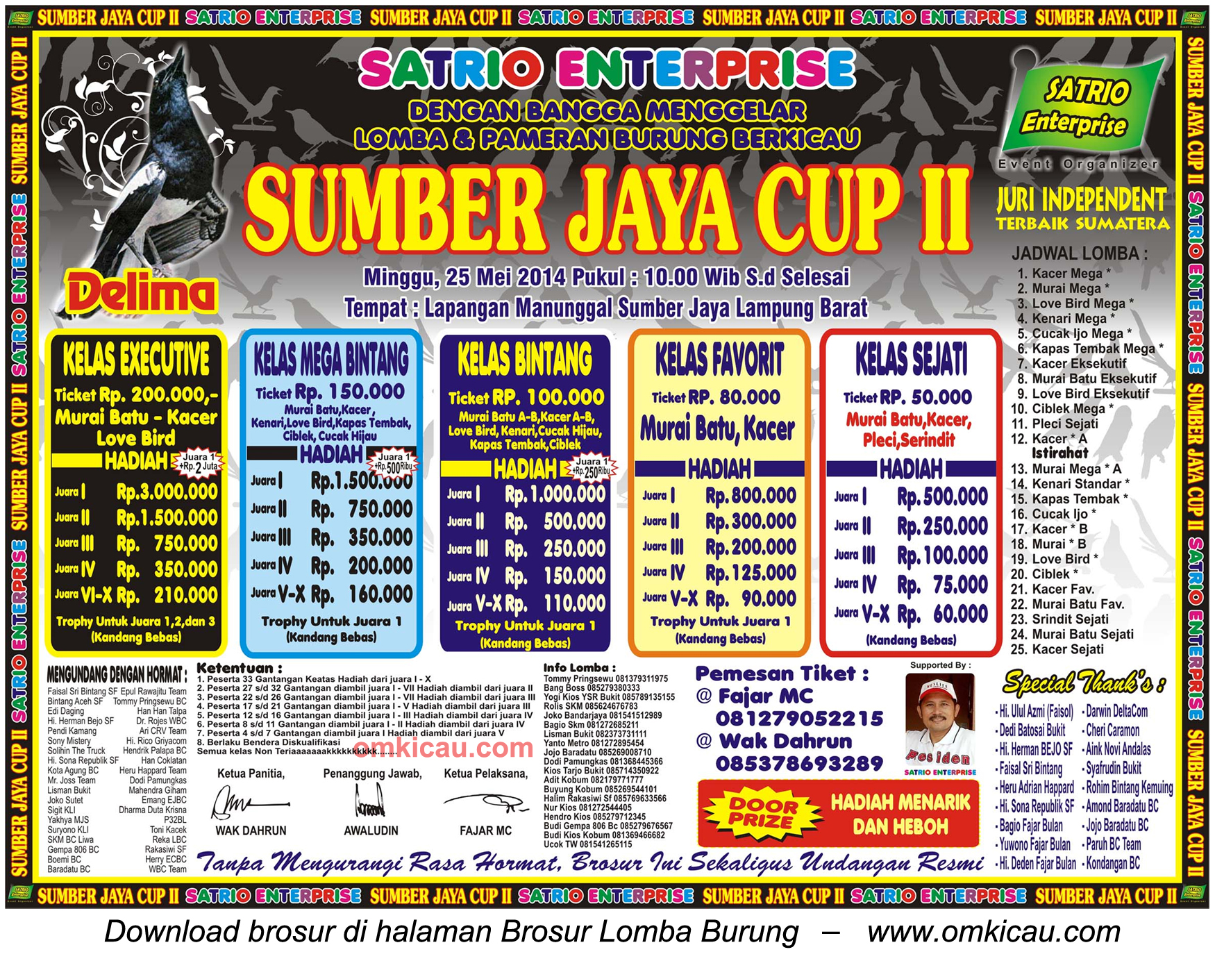 Brosur Lomba Burung Berkicau Sumber Jaya Cup II, Lampung Barat, 25 Mei 2014