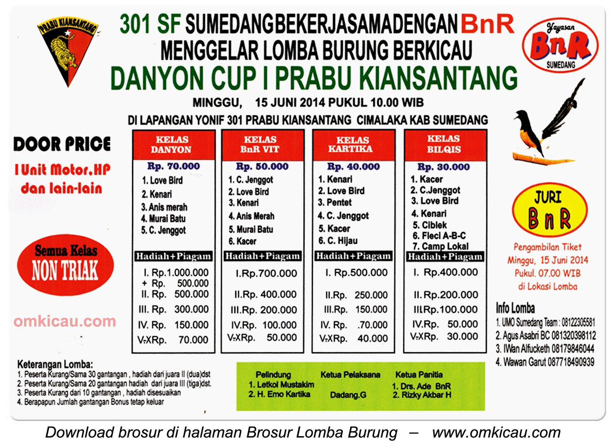 Brosur Lomba Burung Berkicau Danyon-Cup 1 Prabu Kiansantang, Sumedang, 15 Juni 2014