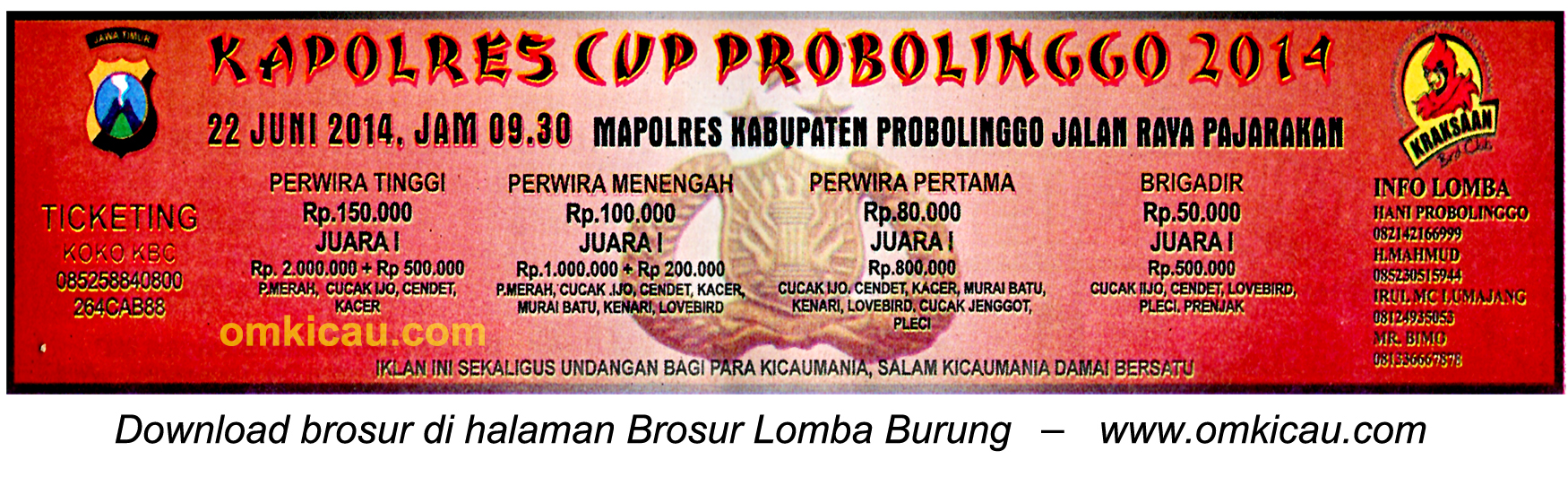 Brosur Lomba Burung Berkicau Kapolres Cup Probolonggo, 22 Juni 2014