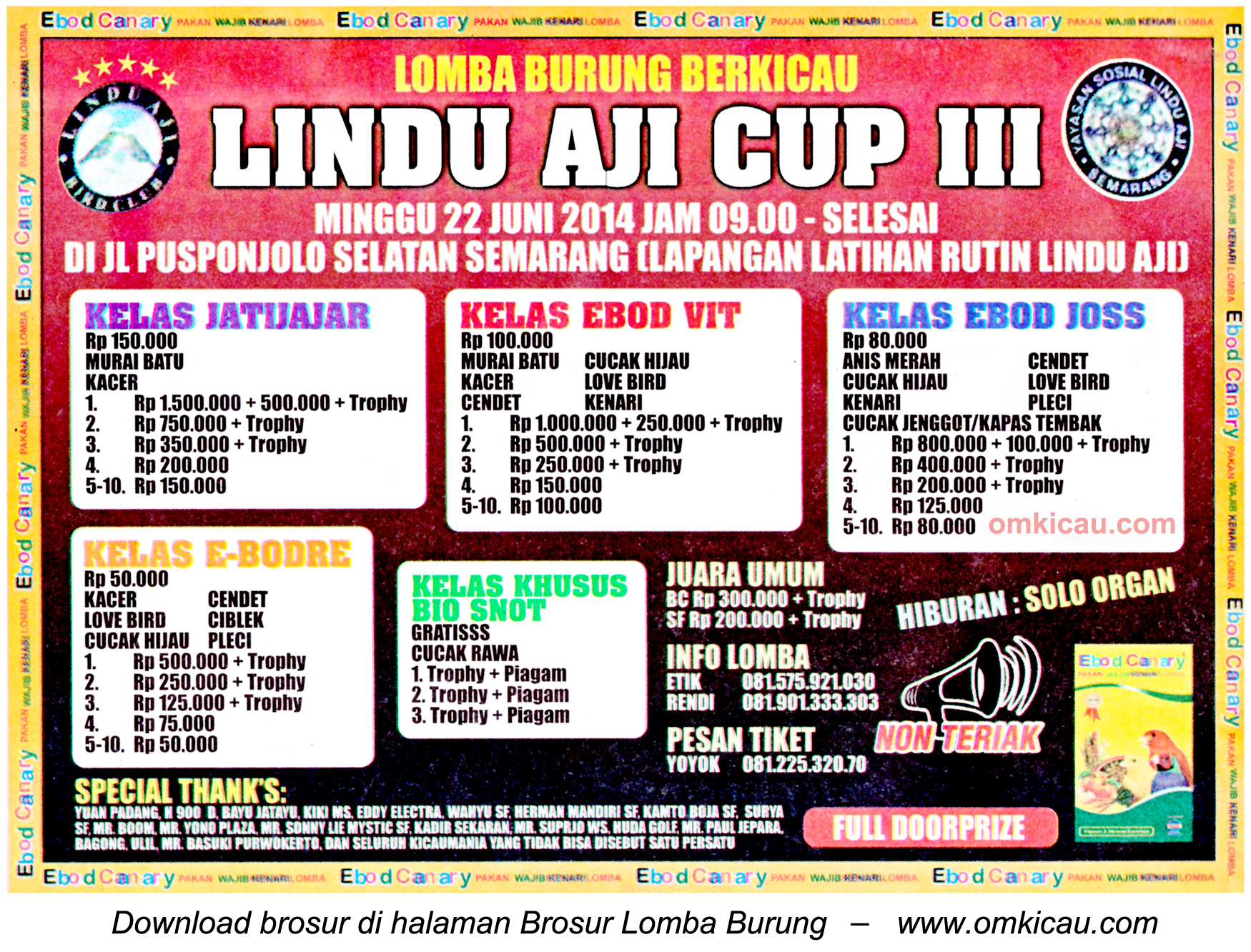 Brosur Lomba Burung Berkicau Lindu Aji Cup III, Semarang, 22 Juni 2014
