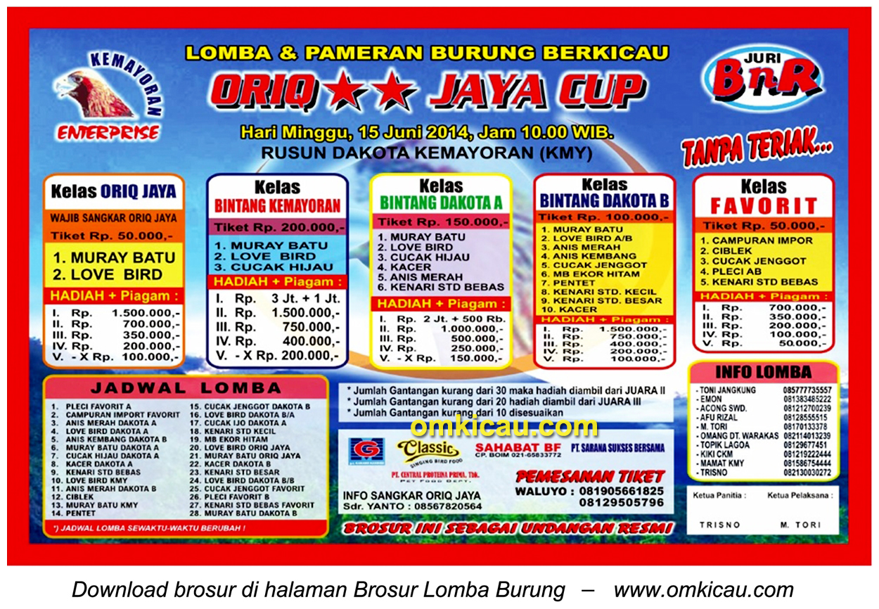 Brosur Lomba Burung Berkicau Oriq Jaya Cup, Jakarta, 15 Juni 2014
