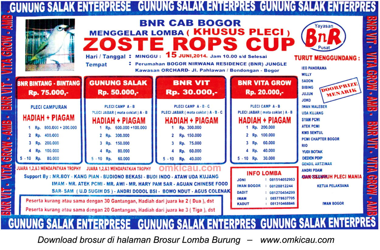 Brosur Lomba Burung Khsusu Pleci Zoste Rops Cup, Bogor, 15 Juni 2014