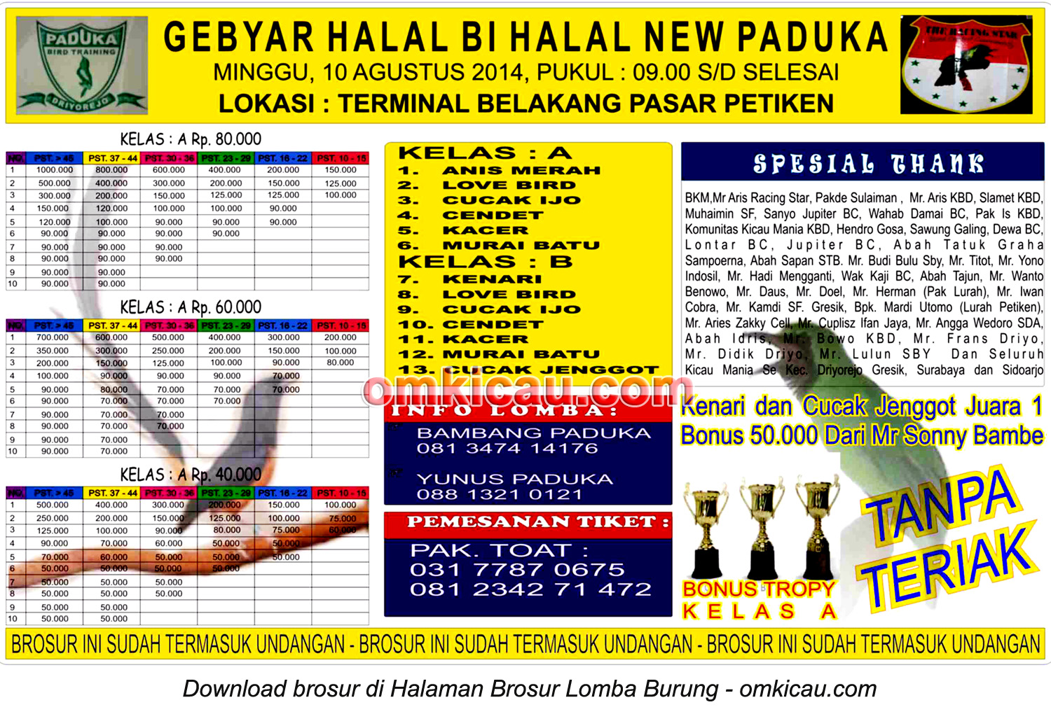 Brosur Lomba Burung Berkicau Gebyar Halal Bi Halal New Paduka, Gresik, 10 Agustus 2014