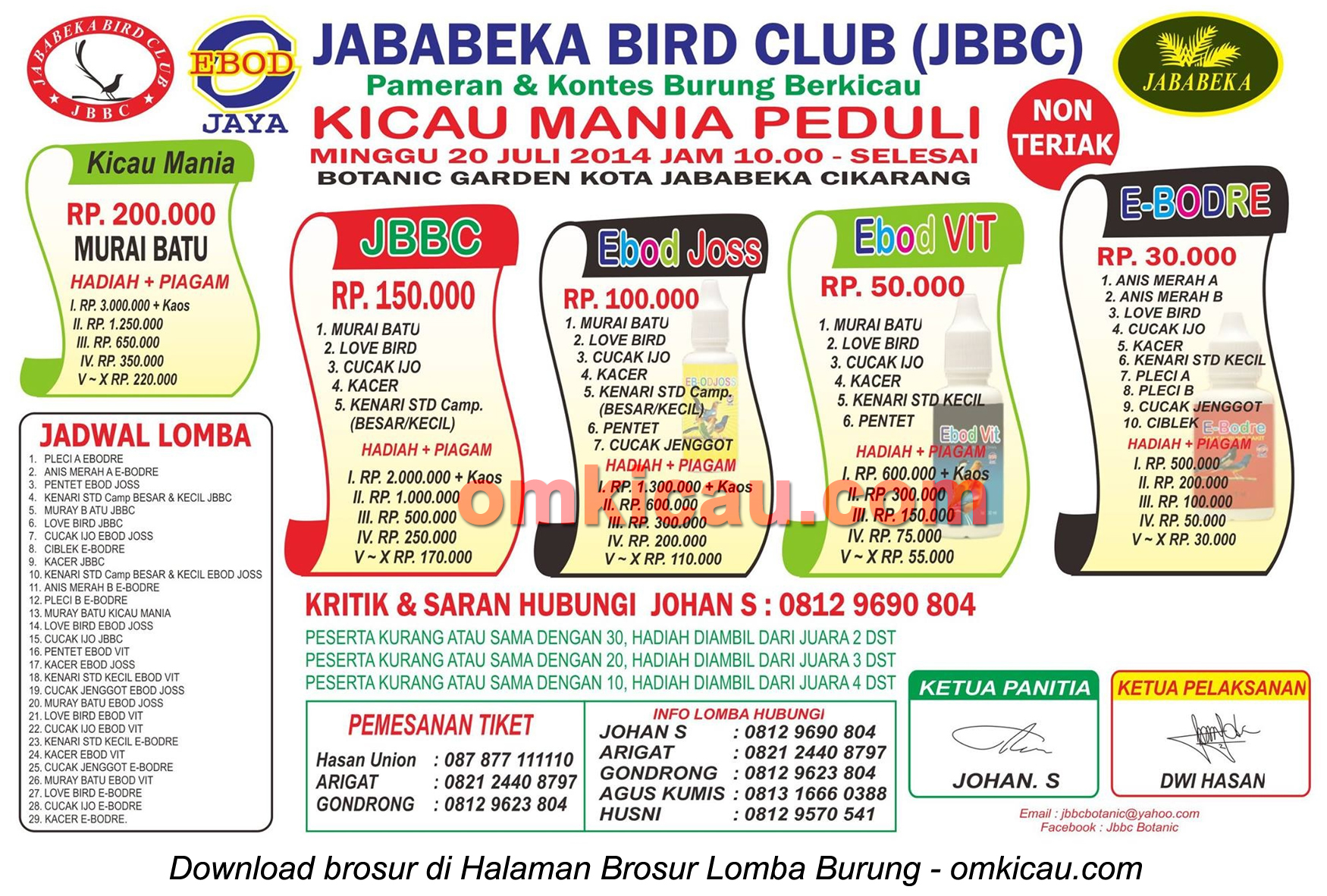 Brosur Lomba Burung Berkicau Kicaumania Peduli - Jababeka BC, Bekasi, 20 Juli 2014
