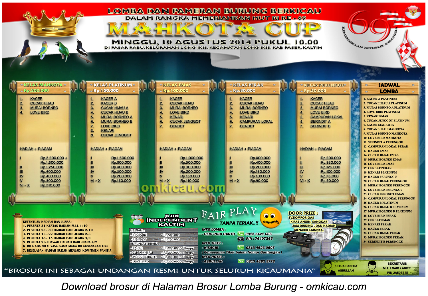 Brosur Lomba Burung Berkicau Mahkota Cup, Kab Paser-Kaltim, 10 Agustus 2014
