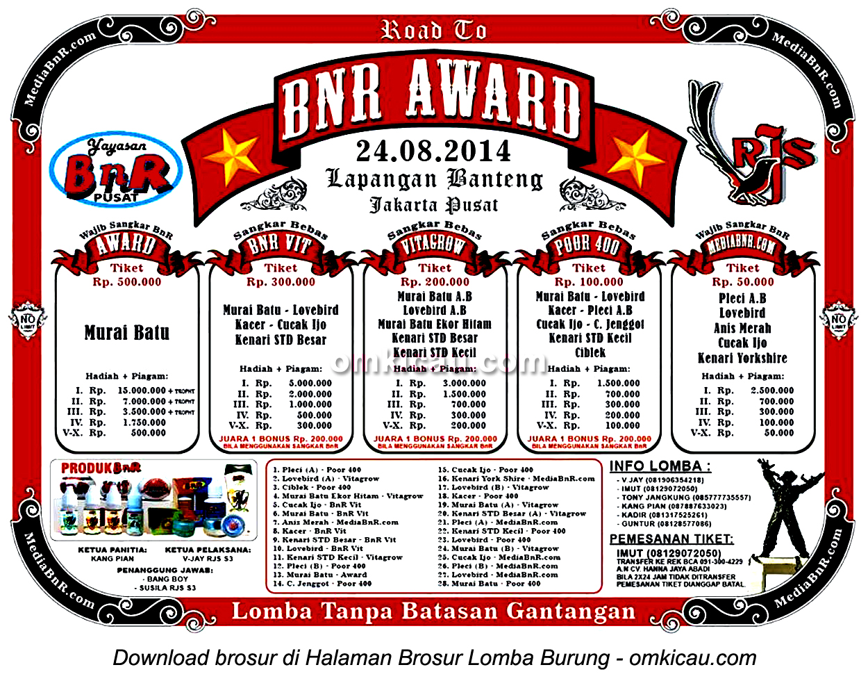 Brosur Lomba Burung Berkicau Road to BnR Award, Jakarta, 24 Agustus 2014