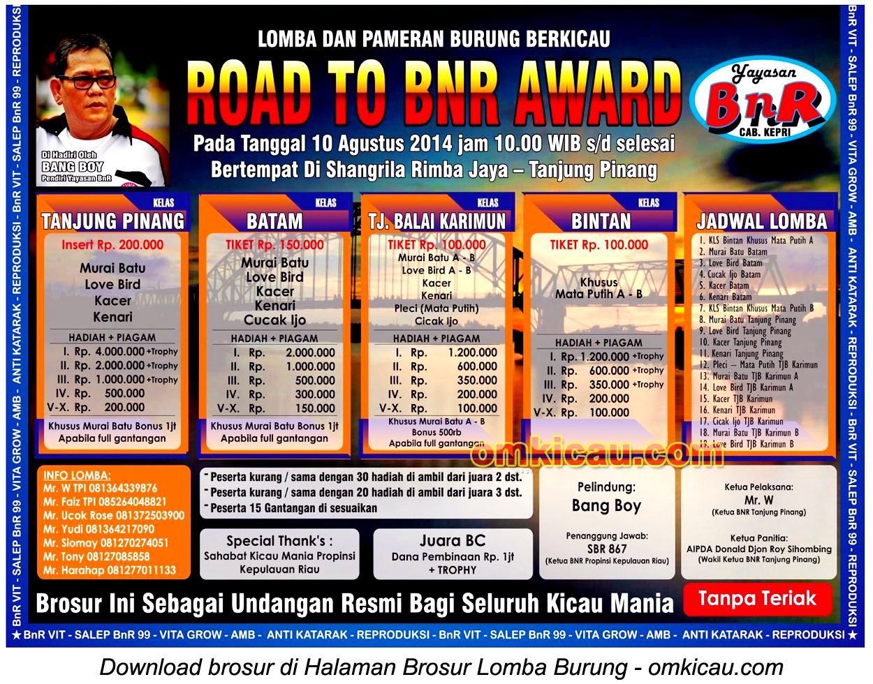 Brosur Lomba Burung Berkicau Road to BnR Award, Tanjungpinang, 10 Agustus 2014